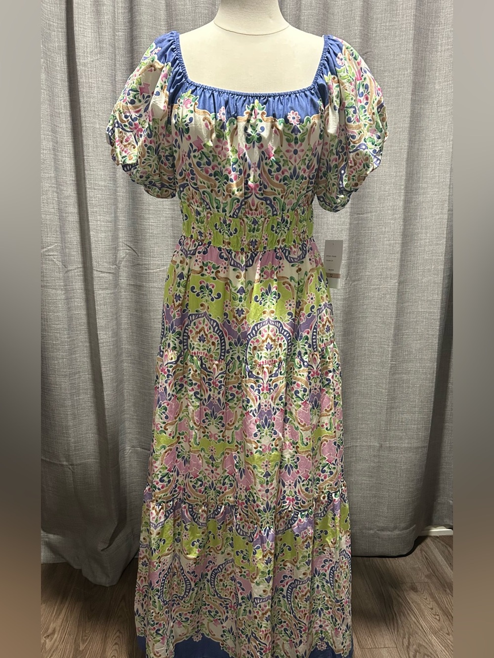 Maison Tara Pastel Floral Puff-Sleeve Smocked Maxi Dress in Blue, Pink & Lime